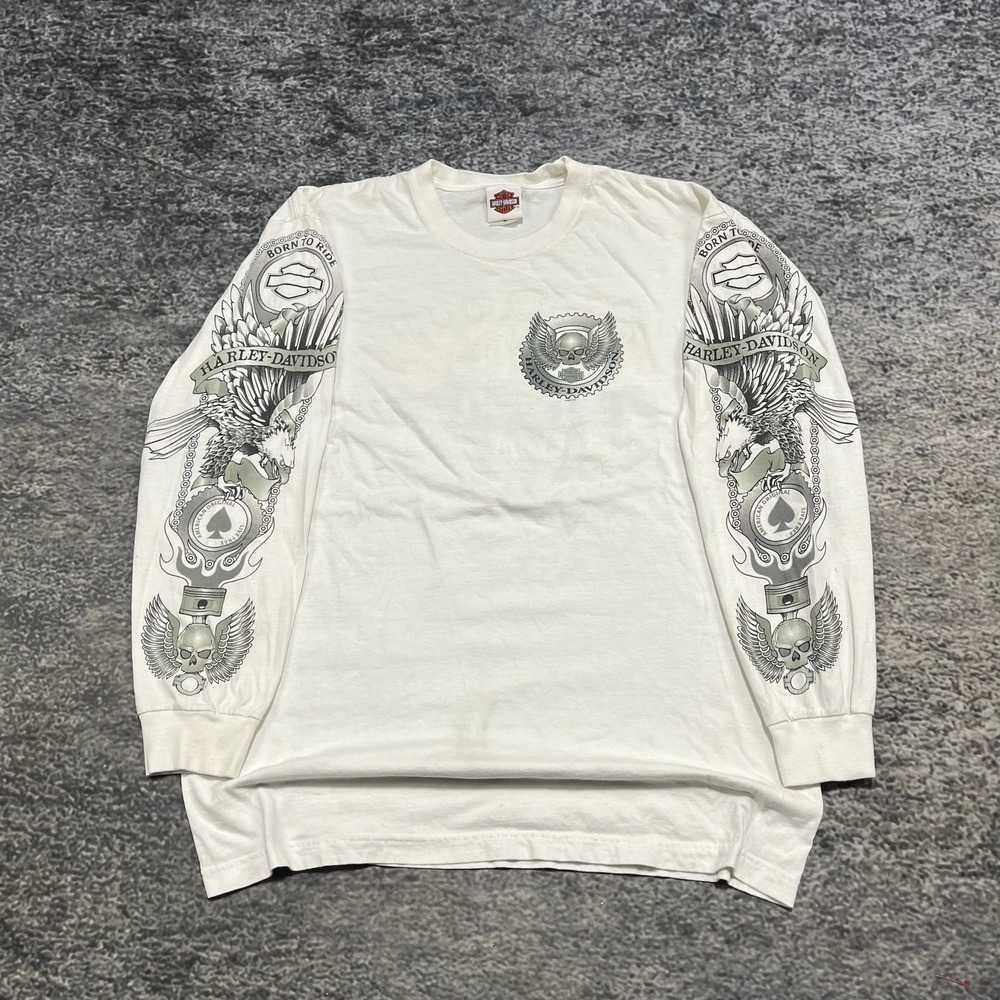 Vintage Y2K Harley Davidson Long Sleeve Shirt‎ Mens XL White Tattoo Skull Wings